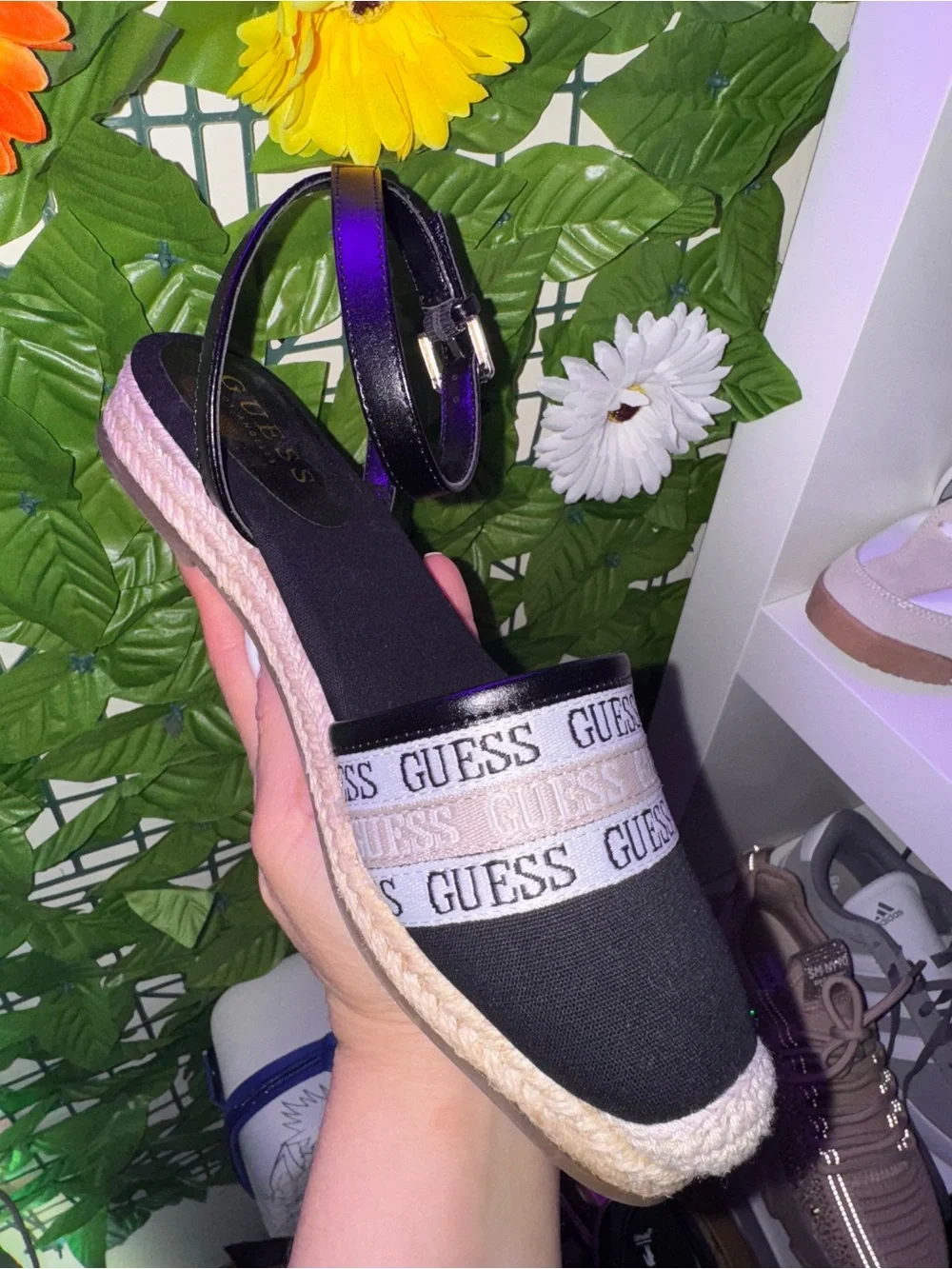 GUESS Black and White Logo Espadrille Slingback